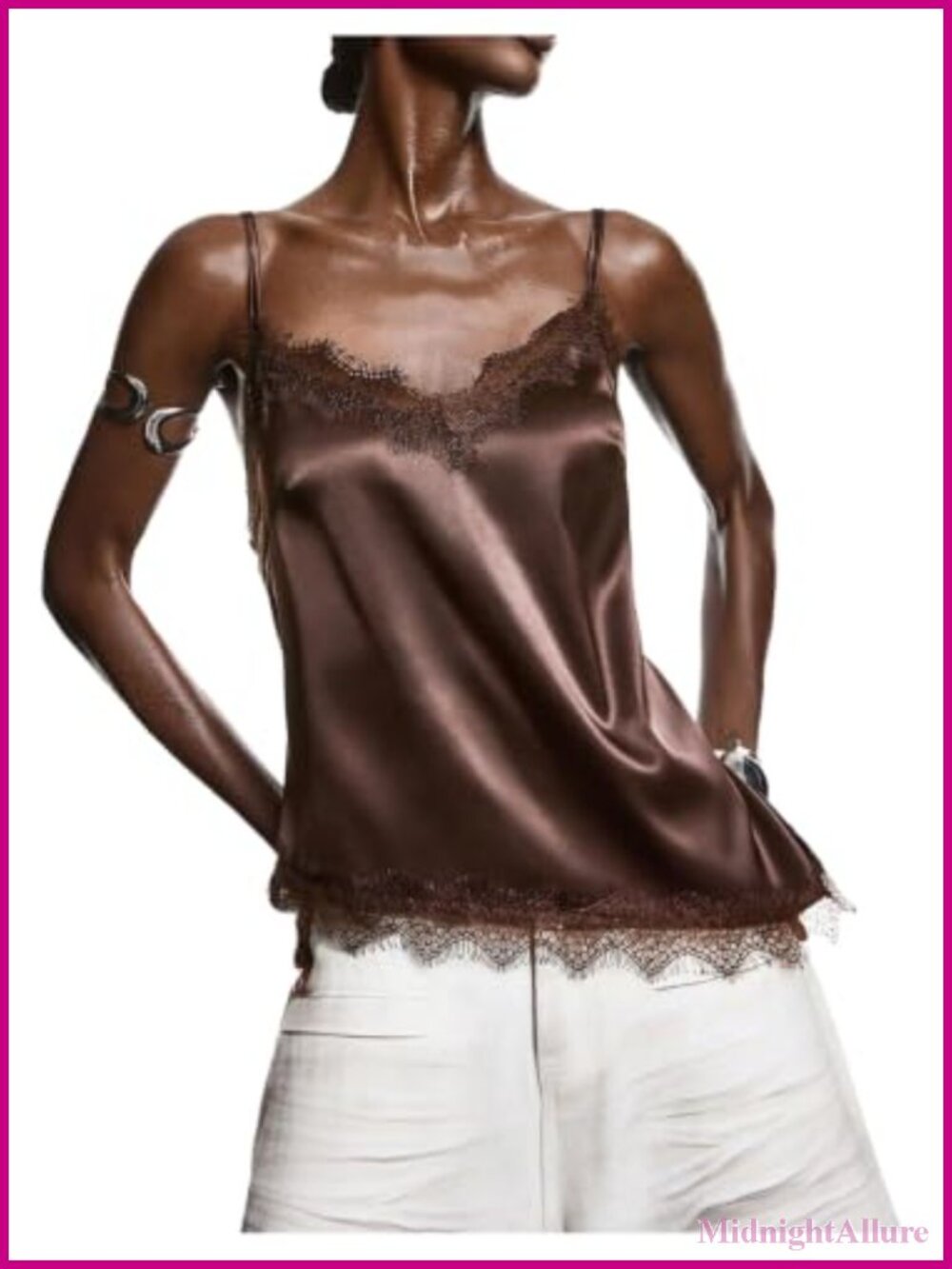 Satin Lace Trim Camisole V Neck Asymmetrical Cami Top